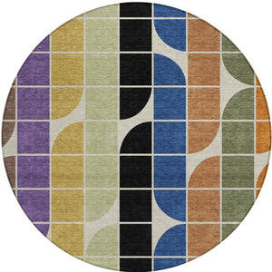 HomeRoots 8' Vibrant Blue, Black, Purple & Orange Round Geometric Washable Rug for Indoor & Outdoor Use 691190
