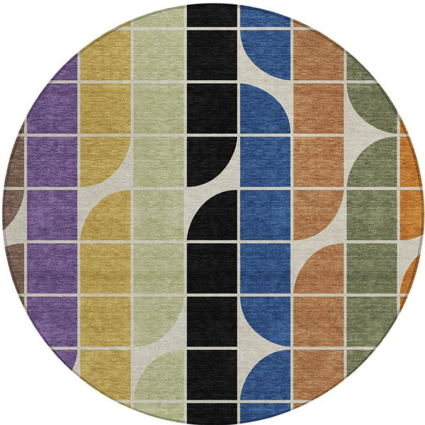 HomeRoots 8' Vibrant Blue, Black, Purple & Orange Round Geometric Washable Rug for Indoor & Outdoor Use 691190