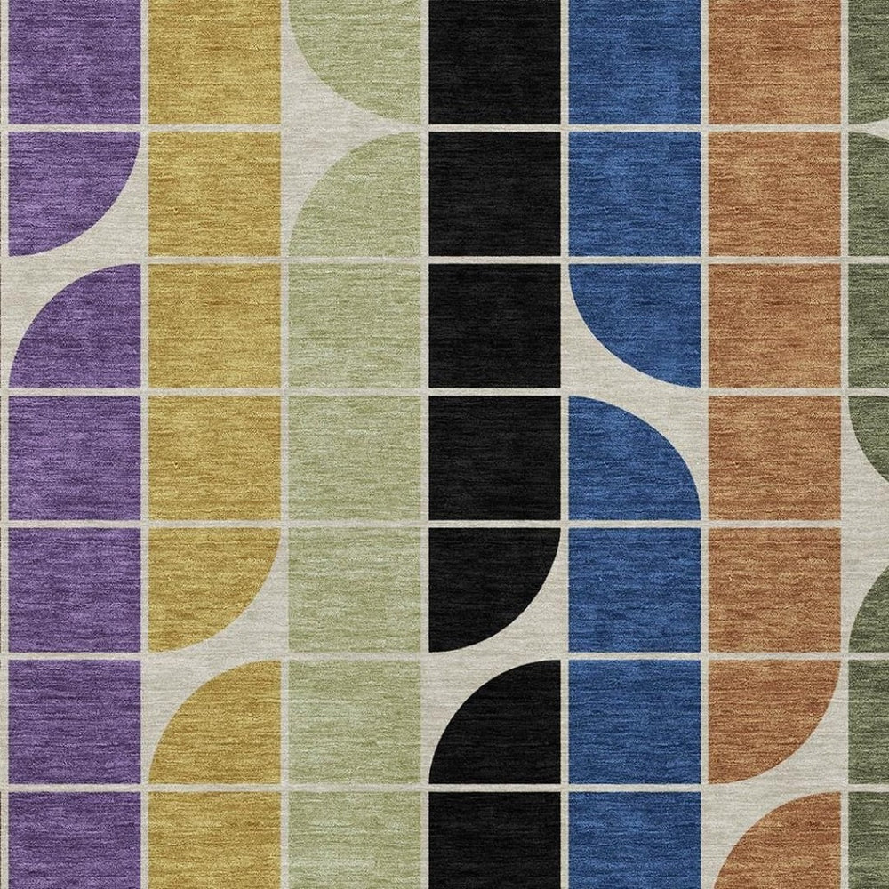 HomeRoots 9' Geometric Washable Area Rug in Vibrant Blue, Black, Purple & Orange for Indoor/Outdoor Use 691192