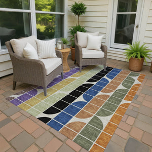 HomeRoots 10' Vibrant Geometric Indoor Outdoor Area Rug – Blue, Black, Purple & Orange, Washable & Durable 691193