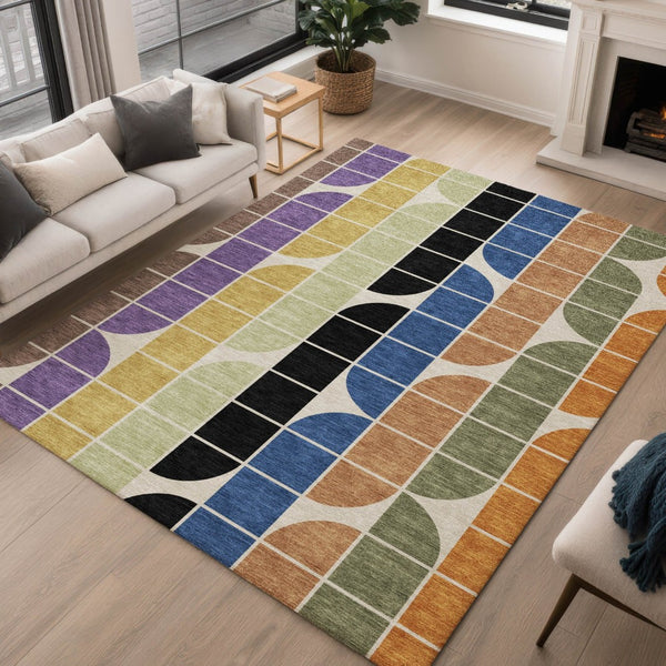 HomeRoots 10' Vibrant Geometric Indoor Outdoor Area Rug – Blue, Black, Purple & Orange, Washable & Durable 691193