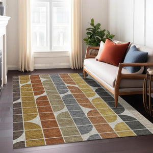 HomeRoots 5' X 8' Stylish Coffee Gold Gray Beige Geometric Washable Area Rug for Indoor & Outdoor Spaces 691195