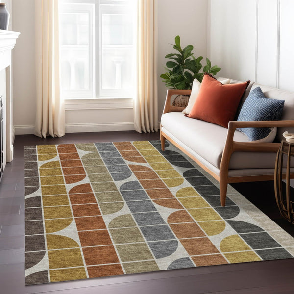 HomeRoots 5' X 8' Stylish Coffee Gold Gray Beige Geometric Washable Area Rug for Indoor & Outdoor Spaces 691195