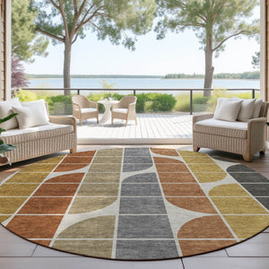 HomeRoots 8' Modern Round Geometric Area Rug in Coffee, Gold, Gray & Beige for Indoor & Outdoor Spaces 691196