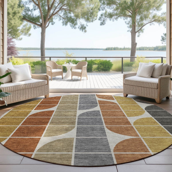 HomeRoots 8' Modern Round Geometric Area Rug in Coffee, Gold, Gray & Beige for Indoor & Outdoor Spaces 691196