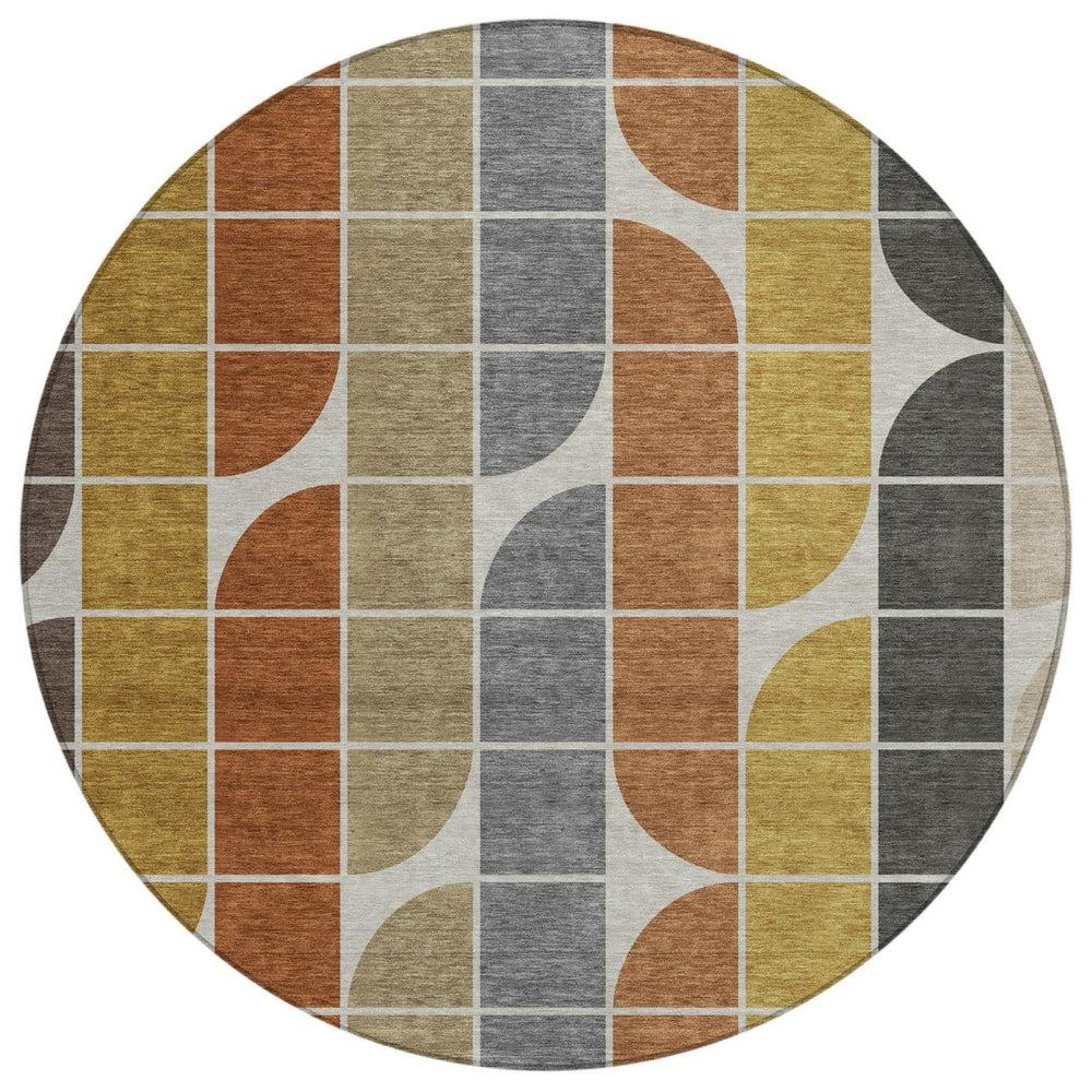 HomeRoots 8' Modern Round Geometric Area Rug in Coffee, Gold, Gray & Beige for Indoor & Outdoor Spaces 691196