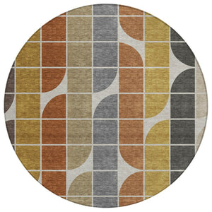 HomeRoots 8' Modern Round Geometric Area Rug in Coffee, Gold, Gray & Beige for Indoor & Outdoor Spaces 691196