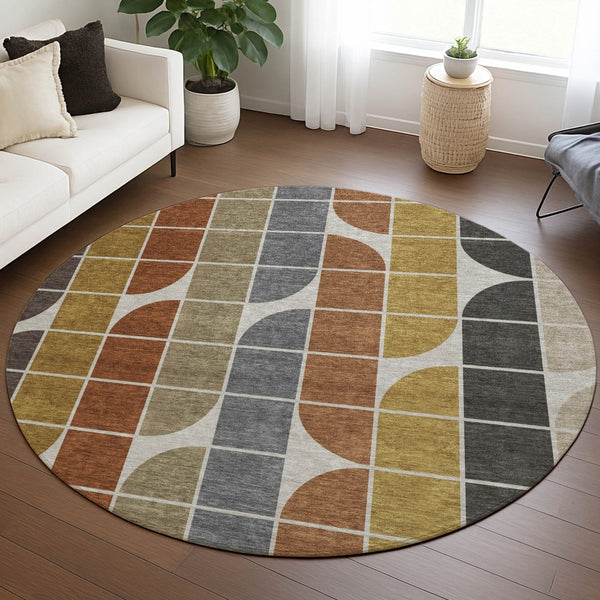 HomeRoots 8' Modern Round Geometric Area Rug in Coffee, Gold, Gray & Beige for Indoor & Outdoor Spaces 691196