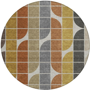 HomeRoots 8' Modern Round Geometric Area Rug in Coffee, Gold, Gray & Beige for Indoor & Outdoor Spaces 691196