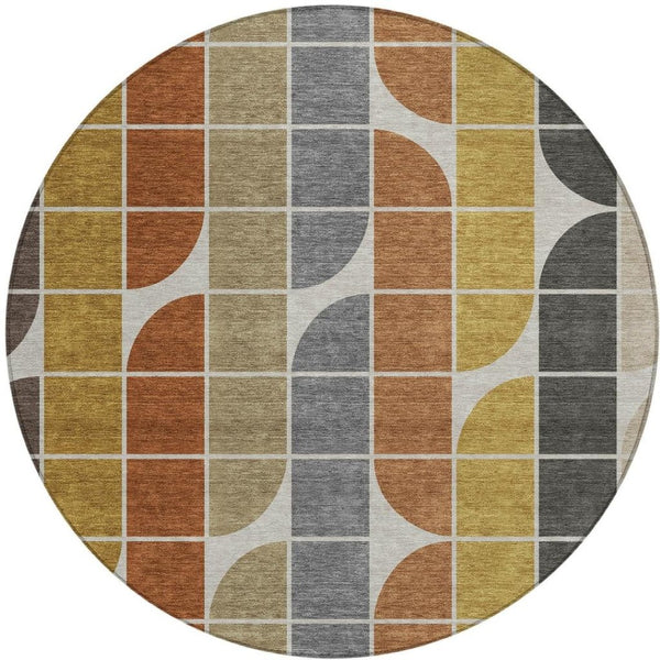 HomeRoots 8' Modern Round Geometric Area Rug in Coffee, Gold, Gray & Beige for Indoor & Outdoor Spaces 691196