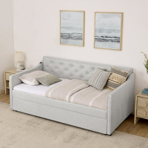 English Elm Twin Linen Tufted Daybed with Pop up Trundle and Usb Port for Guest Rooms W1413S00129