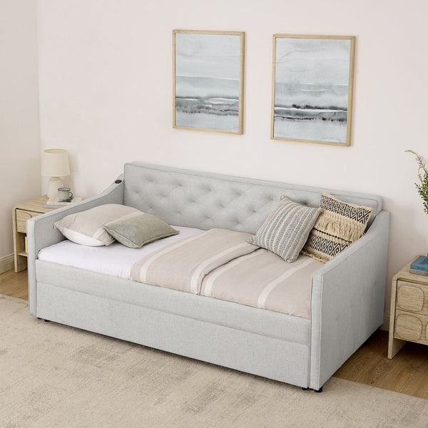 English Elm Twin Linen Tufted Daybed with Pop up Trundle and Usb Port for Guest Rooms W1413S00129