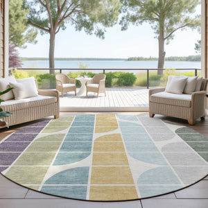 HomeRoots 8' Modern Geometric Round Area Rug in Pale Aqua, Purple, Gray & Copper - Washable & Durable Design 691202
