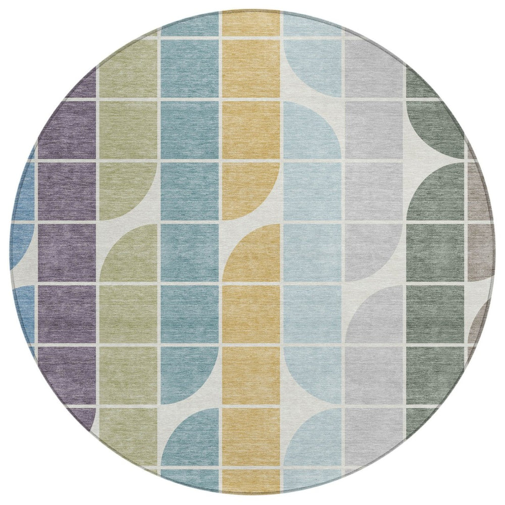 HomeRoots 8' Modern Geometric Round Area Rug in Pale Aqua, Purple, Gray & Copper - Washable & Durable Design 691202