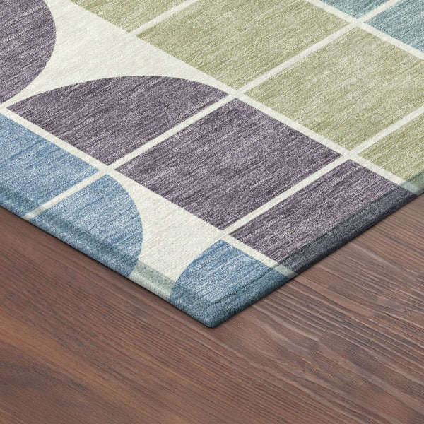 HomeRoots 8' Modern Geometric Round Area Rug in Pale Aqua, Purple, Gray & Copper - Washable & Durable Design 691202