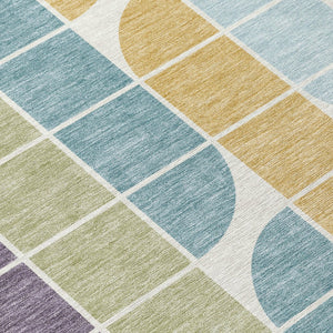 HomeRoots 8' Modern Geometric Round Area Rug in Pale Aqua, Purple, Gray & Copper - Washable & Durable Design 691202