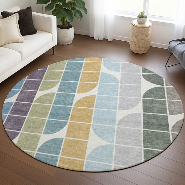 HomeRoots 8' Modern Geometric Round Area Rug in Pale Aqua, Purple, Gray & Copper - Washable & Durable Design 691202