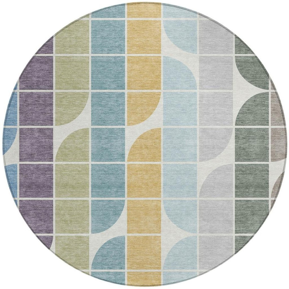 HomeRoots 8' Modern Geometric Round Area Rug in Pale Aqua, Purple, Gray & Copper - Washable & Durable Design 691202