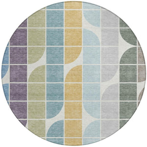 HomeRoots 8' Modern Geometric Round Area Rug in Pale Aqua, Purple, Gray & Copper - Washable & Durable Design 691202