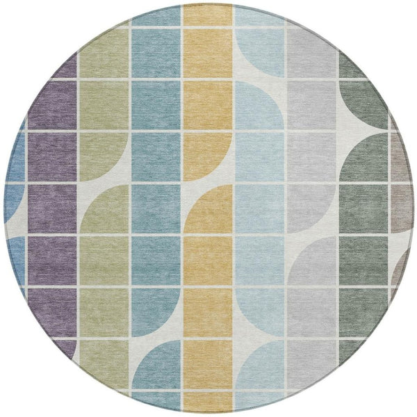 HomeRoots 8' Modern Geometric Round Area Rug in Pale Aqua, Purple, Gray & Copper - Washable & Durable Design 691202