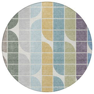 HomeRoots 8' Modern Geometric Round Area Rug in Pale Aqua, Purple, Gray & Copper - Washable & Durable Design 691202