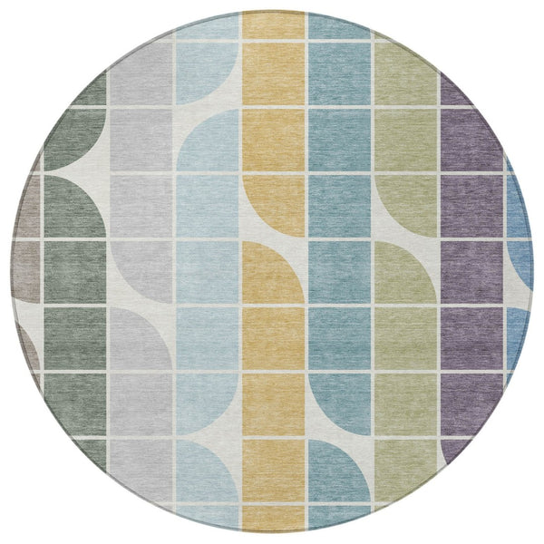 HomeRoots 8' Modern Geometric Round Area Rug in Pale Aqua, Purple, Gray & Copper - Washable & Durable Design 691202