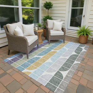 HomeRoots 10' Geometric Washable Area Rug in Pale Aqua, Purple & Copper - Stylish Indoor/Outdoor Decor Solution 691205