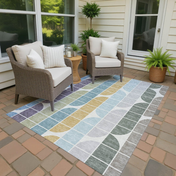 HomeRoots 10' Geometric Washable Area Rug in Pale Aqua, Purple & Copper - Stylish Indoor/Outdoor Decor Solution 691205