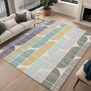 HomeRoots 10' Geometric Washable Area Rug in Pale Aqua, Purple & Copper - Stylish Indoor/Outdoor Decor Solution 691205