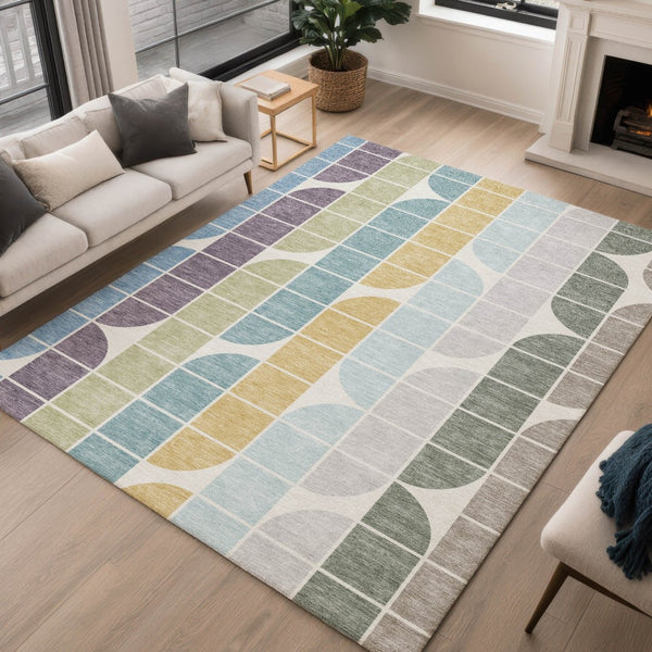 HomeRoots 10' Geometric Washable Area Rug in Pale Aqua, Purple & Copper - Stylish Indoor/Outdoor Decor Solution 691205