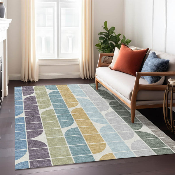 HomeRoots 10' Geometric Washable Area Rug in Pale Aqua, Purple & Copper - Stylish Indoor/Outdoor Decor Solution 691205