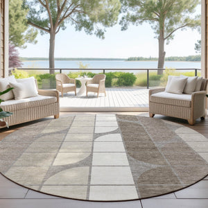 HomeRoots 8' Modern Taupe Brown and Ivory Geometric Washable Area Rug for Indoor and Outdoor Spaces 691214
