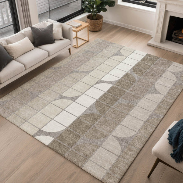 HomeRoots 10' Stylish Taupe Brown & Ivory Geometric Area Rug – Indoor/Outdoor, Washable, Durable, Versatile Design 691217