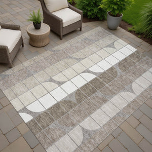 HomeRoots 10' Stylish Taupe Brown & Ivory Geometric Area Rug – Indoor/Outdoor, Washable, Durable, Versatile Design 691217