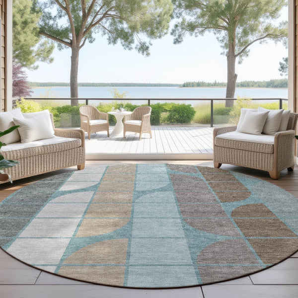 HomeRoots 8' Teal Blue Brown Silver Round Geometric Washable Area Rug – Durable, Stylish, Indoor/Outdoor Use! 691220
