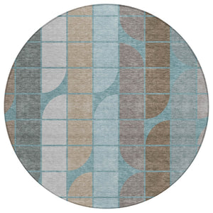 HomeRoots 8' Teal Blue Brown Silver Round Geometric Washable Area Rug – Durable, Stylish, Indoor/Outdoor Use! 691220