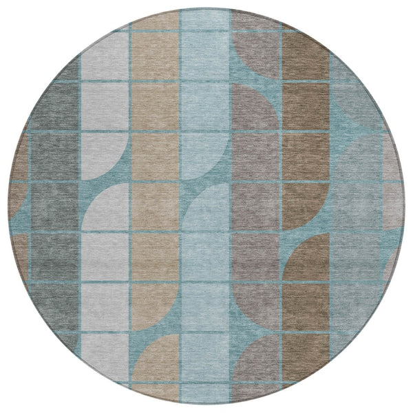 HomeRoots 8' Teal Blue Brown Silver Round Geometric Washable Area Rug – Durable, Stylish, Indoor/Outdoor Use! 691220