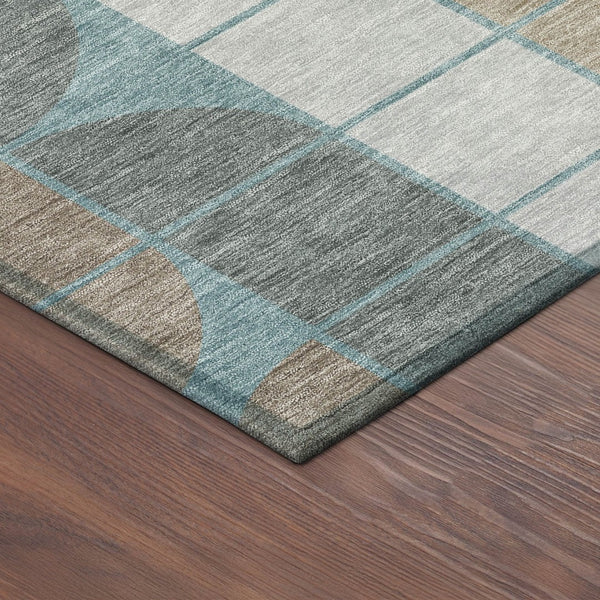 HomeRoots 8' Teal Blue Brown Silver Round Geometric Washable Area Rug – Durable, Stylish, Indoor/Outdoor Use! 691220