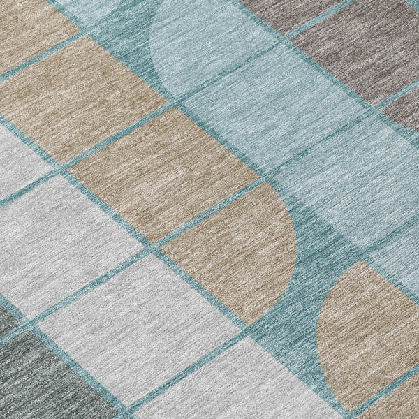 HomeRoots 8' Teal Blue Brown Silver Round Geometric Washable Area Rug – Durable, Stylish, Indoor/Outdoor Use! 691220