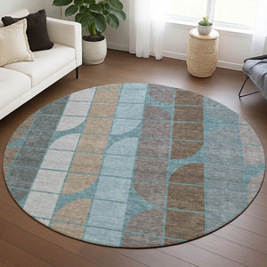 HomeRoots 8' Teal Blue Brown Silver Round Geometric Washable Area Rug – Durable, Stylish, Indoor/Outdoor Use! 691220