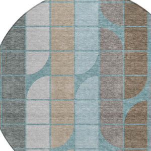 HomeRoots 8' Teal Blue Brown Silver Round Geometric Washable Area Rug – Durable, Stylish, Indoor/Outdoor Use! 691220