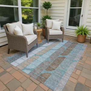 HomeRoots 8' X 10' Geometric Teal Blue Brown Silver Area Rug - Durable, Washable for Indoor & Outdoor Use! 691221