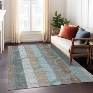 HomeRoots 8' X 10' Geometric Teal Blue Brown Silver Area Rug - Durable, Washable for Indoor & Outdoor Use! 691221