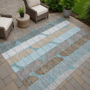 HomeRoots 8' X 10' Geometric Teal Blue Brown Silver Area Rug - Durable, Washable for Indoor & Outdoor Use! 691221