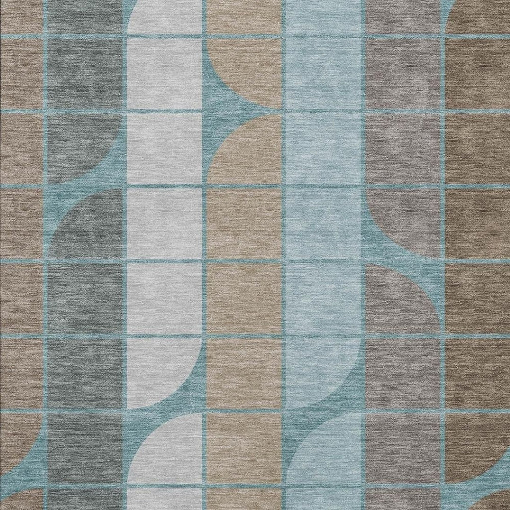 HomeRoots 9' X 12' Stylish Teal Blue Brown Silver Geometric Area Rug - Washable, Durable for Indoor & Outdoor Use 691222