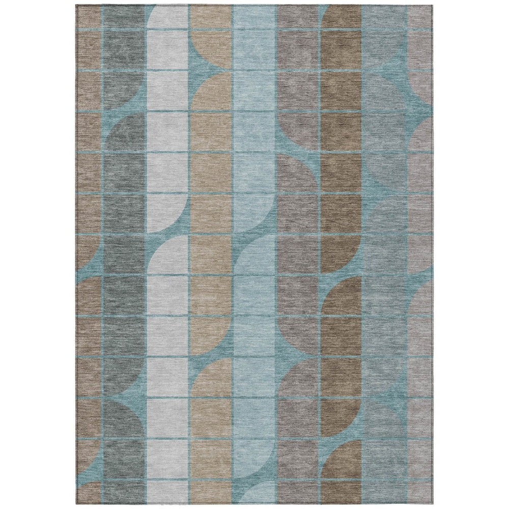 HomeRoots 9' X 12' Stylish Teal Blue Brown Silver Geometric Area Rug - Washable, Durable for Indoor & Outdoor Use 691222