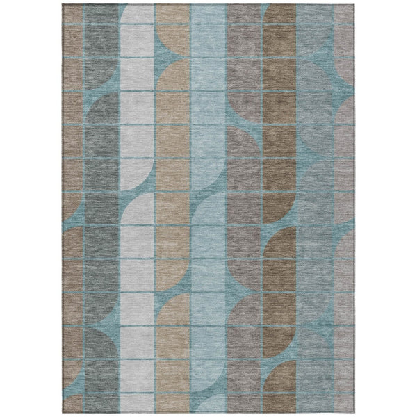HomeRoots 9' X 12' Stylish Teal Blue Brown Silver Geometric Area Rug - Washable, Durable for Indoor & Outdoor Use 691222