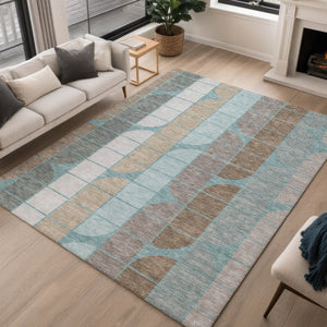 HomeRoots 9' X 12' Stylish Teal Blue Brown Silver Geometric Area Rug - Washable, Durable for Indoor & Outdoor Use 691222