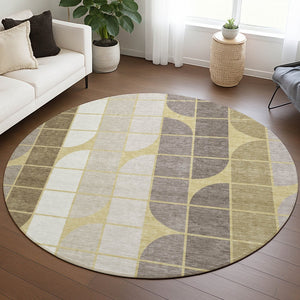 HomeRoots 8' Stylish Wheat Ivory and Brown Round Geometric Rug – Durable, Washable for Indoor & Outdoor Use 691226