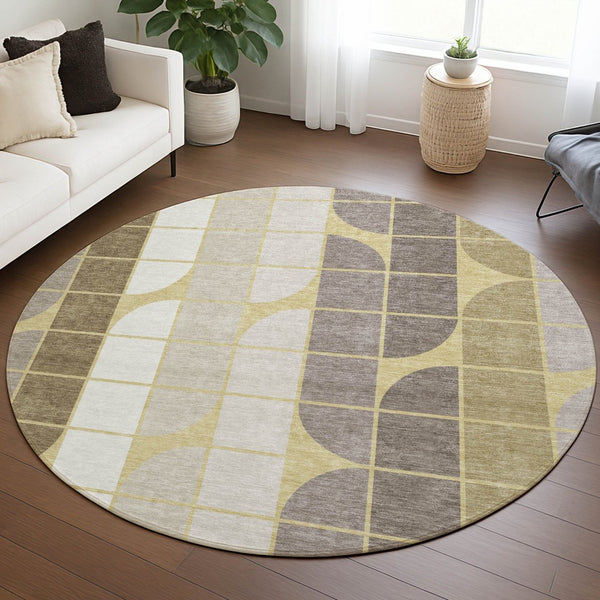 HomeRoots 8' Stylish Wheat Ivory and Brown Round Geometric Rug – Durable, Washable for Indoor & Outdoor Use 691226